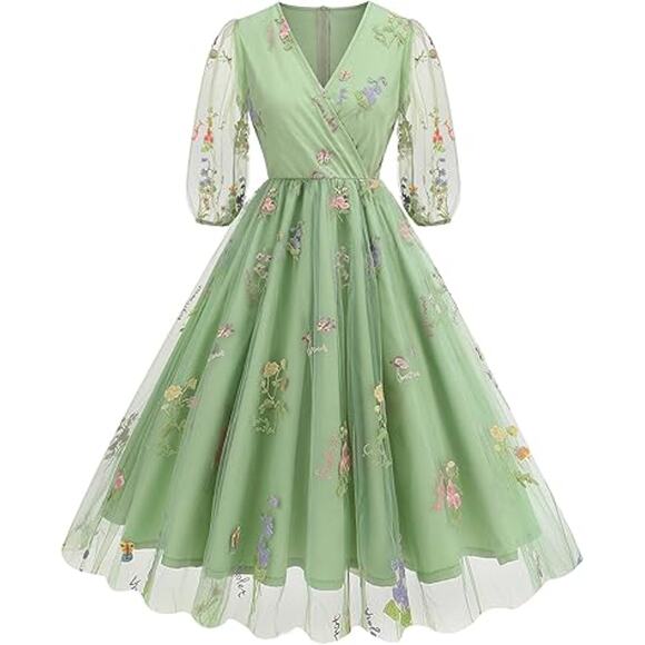 Half Sleeve Floral Embroidered Dress for Women Flower Embroidery Tulle Prom - Picture 1 of 6